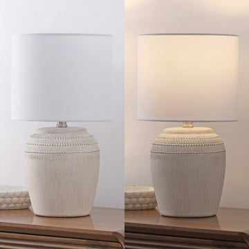 Hugo 16.75" Traditional Rustic Reeded Ceramic Vase LED Table Lamp, Set of 2